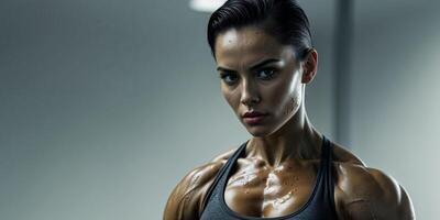 Athletic girl with defined abs posing confidently in gym setting. photo
