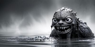 Mud Creature Emerging from Water with Big Eyes and Teeth. photo
