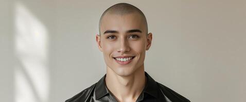 A young man with a shaved head and a black shirt is smiling. photo