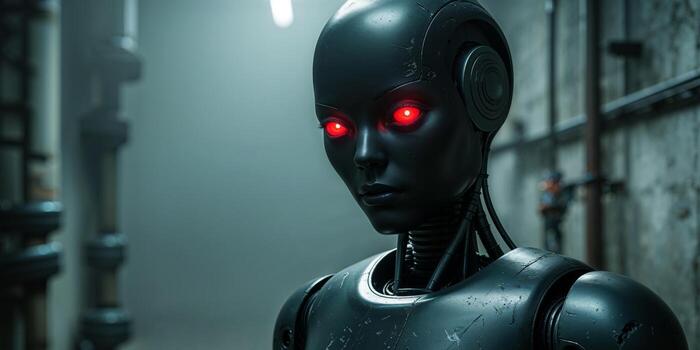 Close Up of a Dark Metallic Robot with Red Glowing Eyes in a Gritty Setting photo