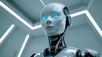 Advanced robotics in a modern laboratory showcasing a humanoid robot with glowing blue eyes and intricate design features. photo