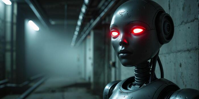 Close Up of a Dark Metallic Robot with Red Glowing Eyes in a Gritty Setting. photo