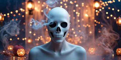 Skull Masked Figure in Festive Setting With Glowing Lights and Smoke photo
