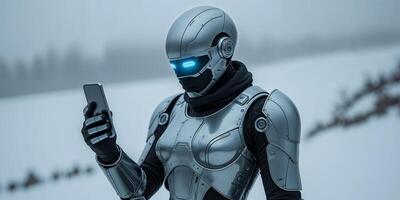Futuristic Armored Figure Examining Digital Device in Snow. photo