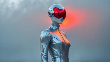 A futuristic figure in a metallic suit with reflective red visor. photo