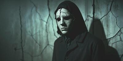 Dark Masked Figure with Cracked Surface in Mysterious Setting photo