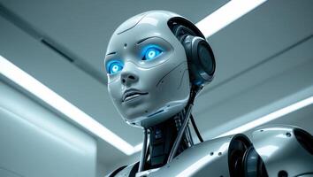 Advanced robotics in a modern laboratory showcasing a humanoid robot with glowing blue eyes and intricate design features photo