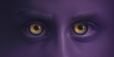 Mysterious golden eyes staring from dark purple background. photo