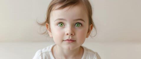 A child with beautiful green eyes and a curious expression. photo