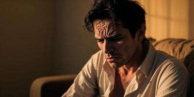Man expresses deep frustration while seated in a softly lit room during the evening. photo