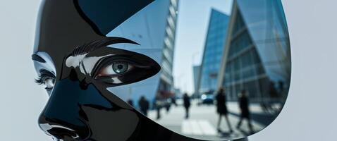 A tight shot of a face wearing a black mask Reflection of a building in the masked eye. photo