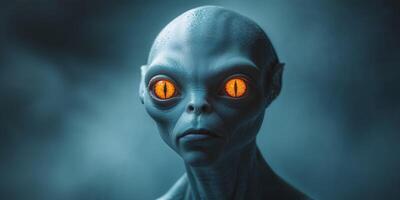 mysterious extraterrestrial creature with exaggerated features and glowing orange eyes gazes intensely. photo
