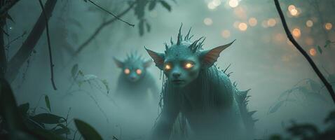 Enigmatic Creatures in a Misty Jungle Scene. photo