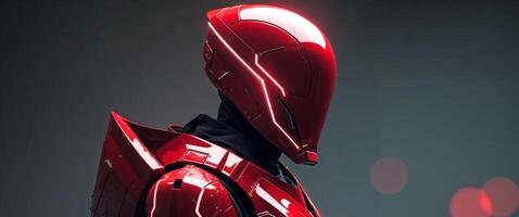 Red futuristic armored figure with neon highlights photo