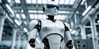 White Futuristic Robot Wearing a Visor in a Modern Industrial Setting. photo