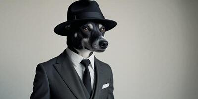 Sophisticated dog dressed in dark suit with black hat photo
