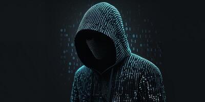 silhouette of hooded hacker made of binary code. photo