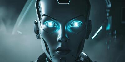 Futuristic robotic face with glowing accents in a dark environment showcasing advanced technology photo