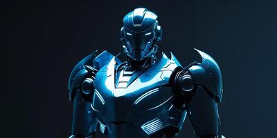 Advanced Robotic Warrior with Blue LED Armor in a Dark Setting. photo