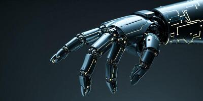 Robotic hand with glowing circuitry pointing left on a dark background. photo