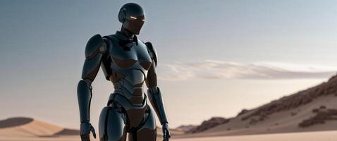 Futuristic robotic figure in black glossy armor in desert landscape photo