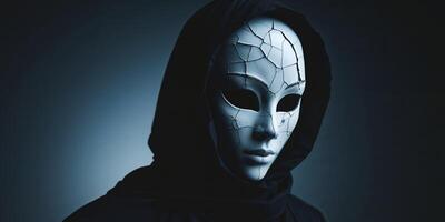 Mysterious figure with a cracked mask in dark setting. photo