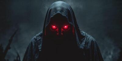 Sinister Creature with Glowing Red Eyes in Dark Setting. photo