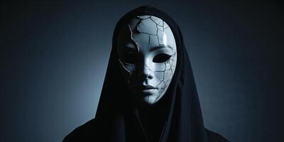 Mysterious figure with a cracked mask in dark setting photo