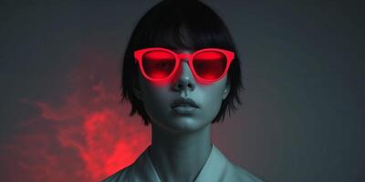Mysterious figure with red sunglasses illuminated by glowing red light in a dark setting. photo