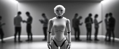 Robot Standing in Room With People in Background photo