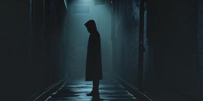 Solitary Figure Illuminated in Dark Alley Suggesting Mystery and Intrigue photo