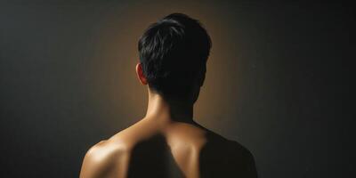 Back View of a Man Under Soft Warm Light in a Dark Setting. photo