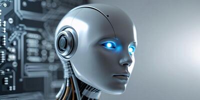 A robot head with a circuit in the background photo