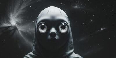 Mysterious Alien Figure with Big Eyes in Dark Space Background photo