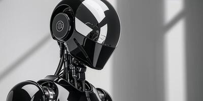 Futuristic Robot in a Black Suit and Helmet with Reflective Visor. photo