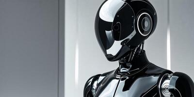 Futuristic Robot in a Black Suit and Helmet with Reflective Visor photo