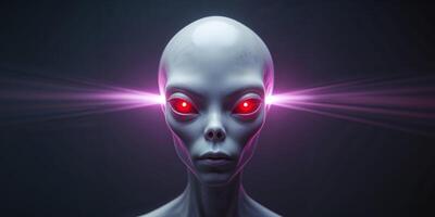 Mysterious Alien Head with Glowing Red Eyes and Purple Light Effect. photo