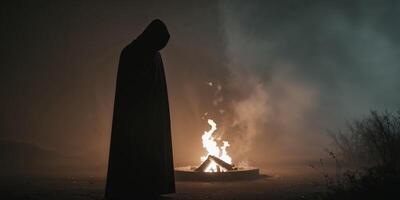 Dark Figure by the Fire in Mysterious Setting photo