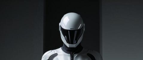Futuristic Helmet And Suit Appearing On A Dark Monochromatic Background photo