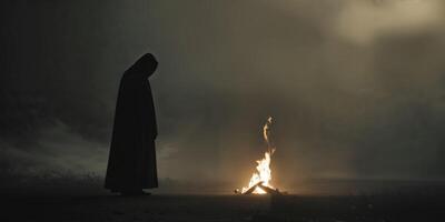 Dark Figure by the Fire in Mysterious Setting. photo