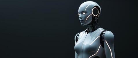 Futuristic White Robot with Glowing Lights in the Darkness Science and Innovation Visual Creation. photo
