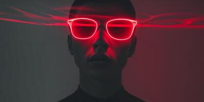 Mysterious figure with red sunglasses illuminated by glowing red light in a dark setting photo