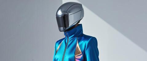 Figure with a sleek visor helmet and chromatic outfit. photo