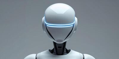A robot with a white helmet and blue lights on its head. photo