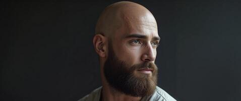 Bald man with beard looking away on black background photo