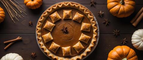Overhead Shot of Delicious Pumpkin Pie Topped with Pastry Squares Surrounded by Fresh Ingredients Like Pumpkin and Spices on Dark Brown Table Surface photo
