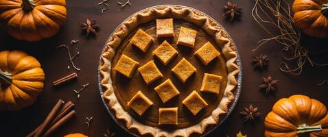 Overhead Shot of Delicious Pumpkin Pie Topped with Pastry Squares Surrounded by Fresh Ingredients Like Pumpkin and Spices on Dark Brown Table Surface. photo