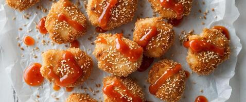 Crispy Sesame Chicken Nuggets with Sweet Chili Sauce Overhead View photo