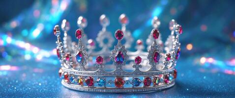 Silver Crown with Gemstones on Blue Glittering Background photo