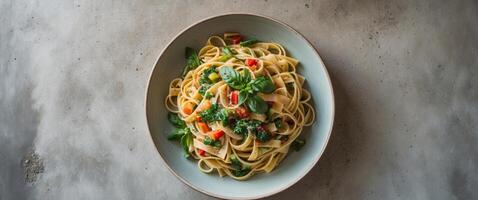 Flat Lay Pasta Primavera in Shallow Ceramic Bowl on Concrete Surface. photo